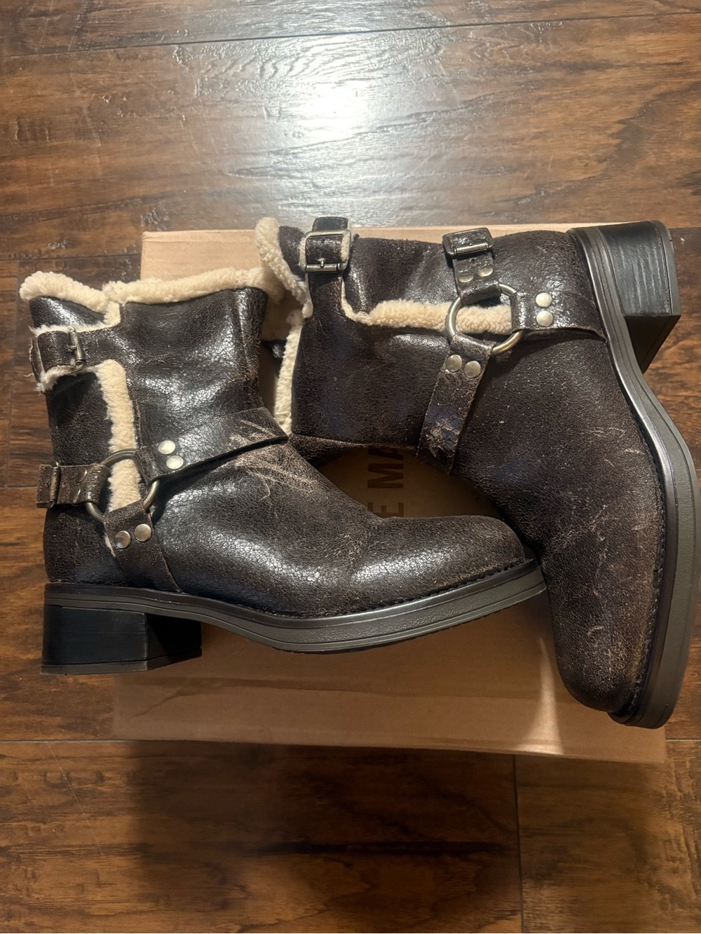 Steve Madden Black Faux-Leather Moto Ankle Boots with Cream Shearling